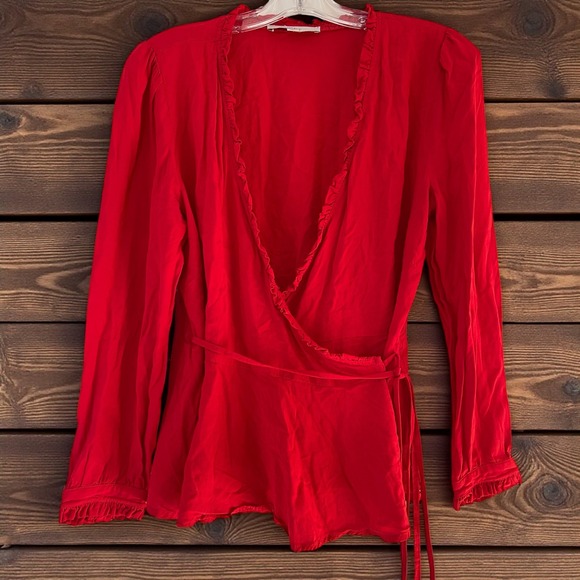 LOFT Tops - LOFT‎ Petites Red Ruffle V Neck Wrap Long Sleeve Peplum Top Size MP